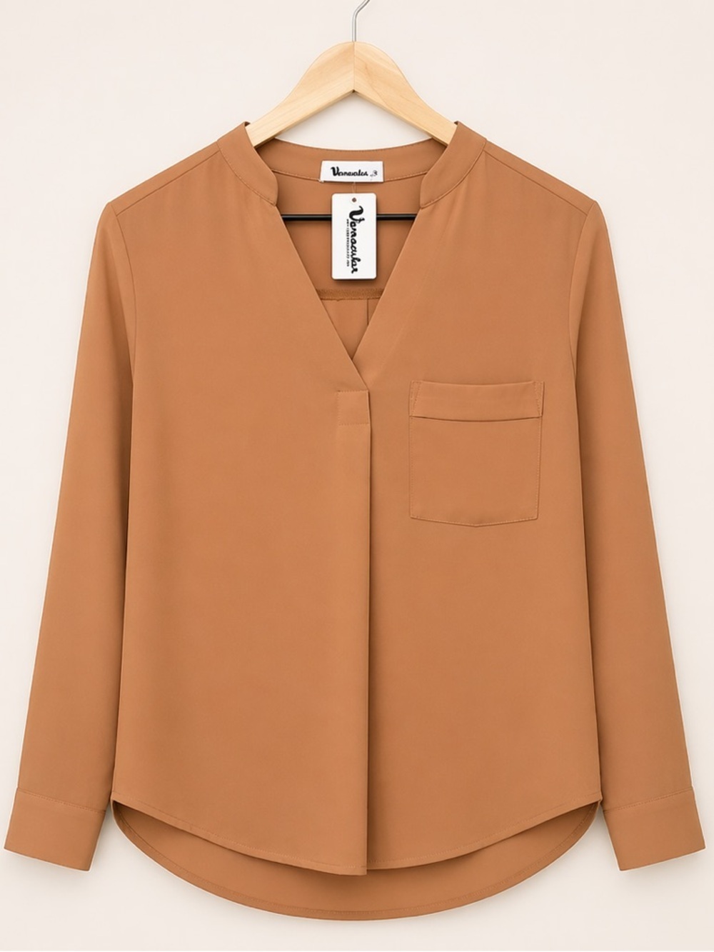 Vernacular Camel Tan Split-Neck Pocket Blouse - (211)